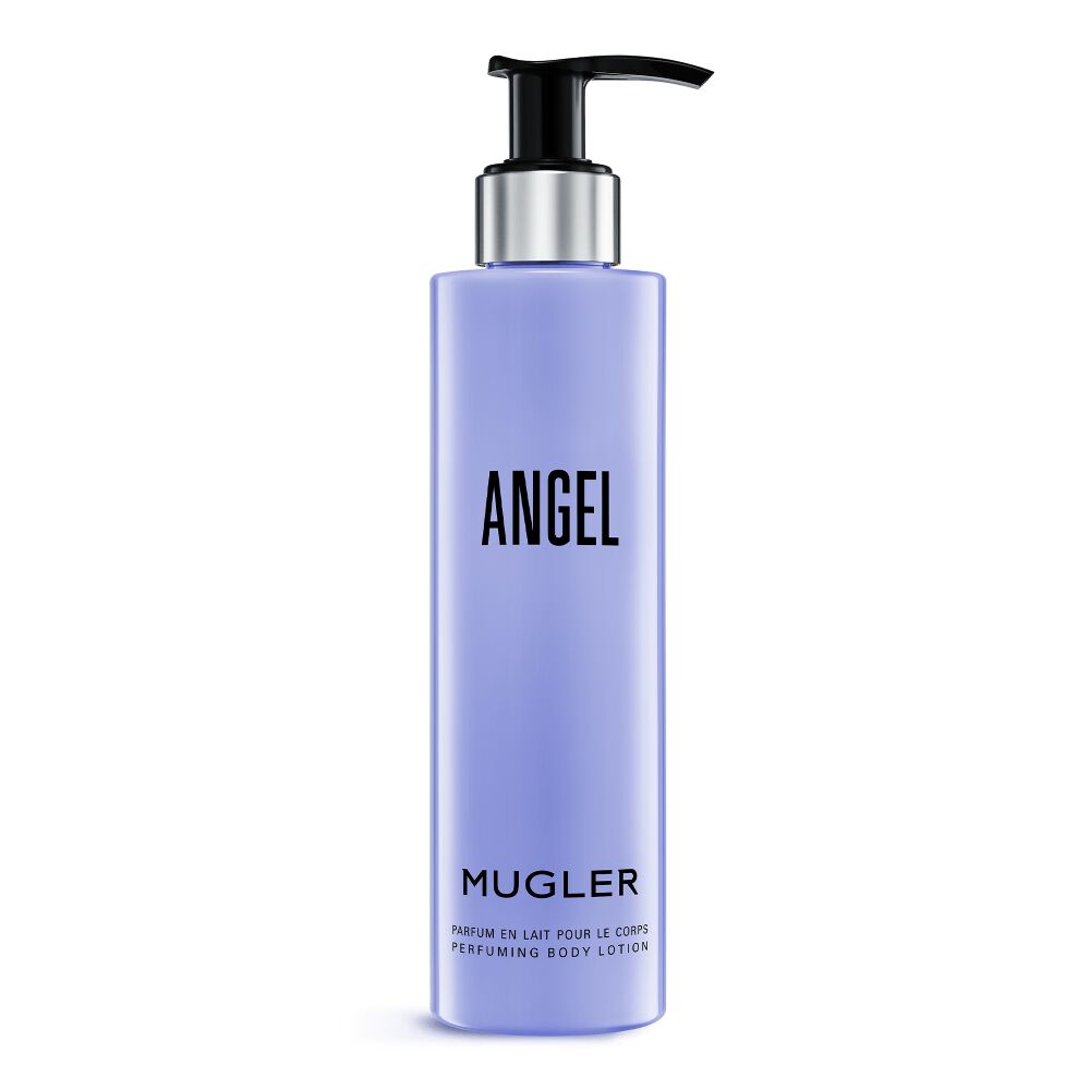 Mugler Angel perfuming body lotion bottle on a light gray background.