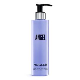 Mugler Angel perfuming body lotion bottle on a light gray background.