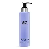 Mugler Angel perfuming body lotion bottle on a light gray background.