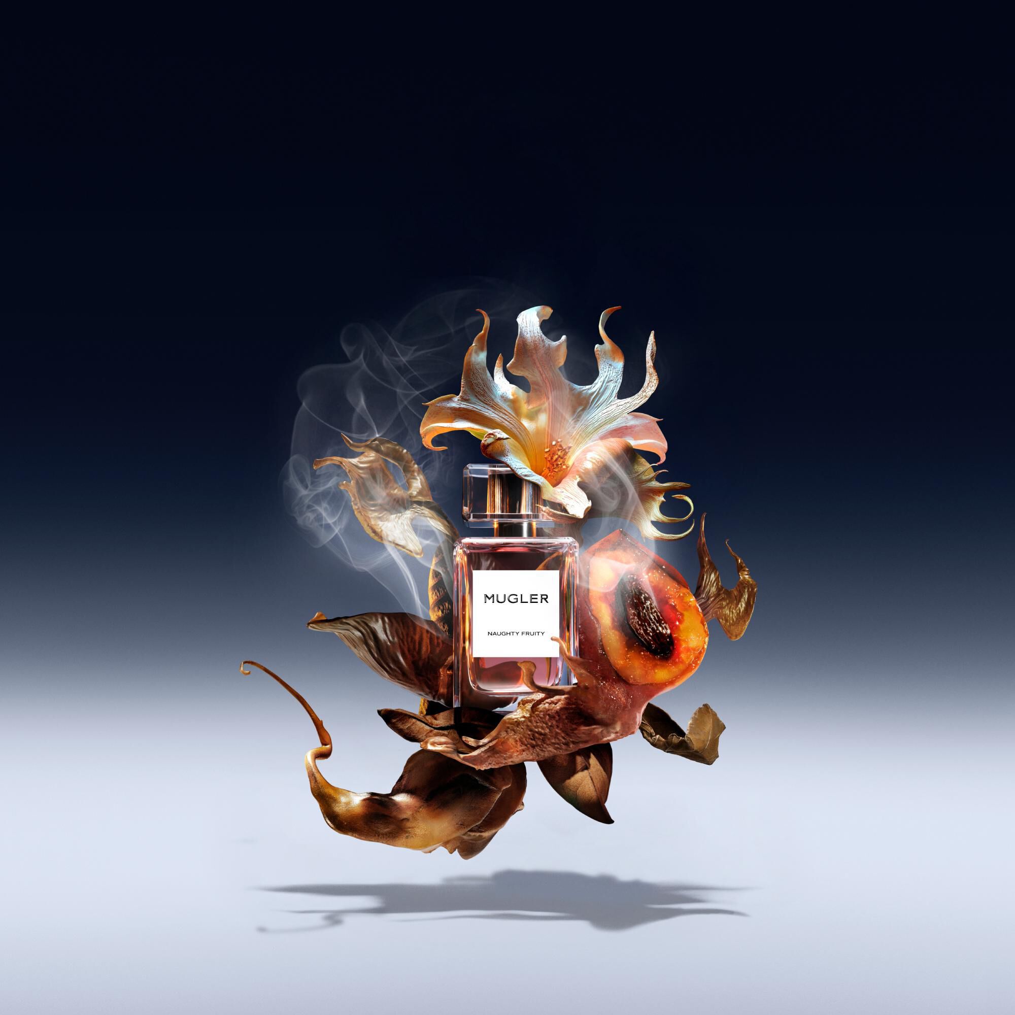 Abstract ingredient visual of Mugler - Naughty Fruity - Eau de Parfum - Fruity Smoky Scent highlighting key ingredients of Mirabelle Accord, Olibanum Extract, Osmanthus Absolute, Tobacco Absolute. 