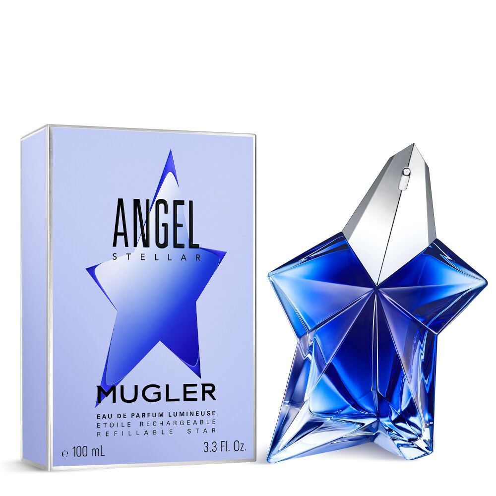 Angel Stellar Eau de Parfum bottle and Angel Stellar Eau De Parfum fragrance box standing side by side on a plain which background. 