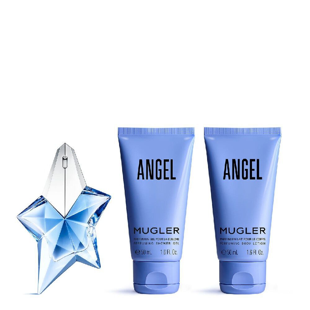 Mugler Angel Eau de Parfum ritual set for Mother's Day 2026, including a 25ml refillable blue star bottle, a 50ml body lotion, and a 50ml shower gel.