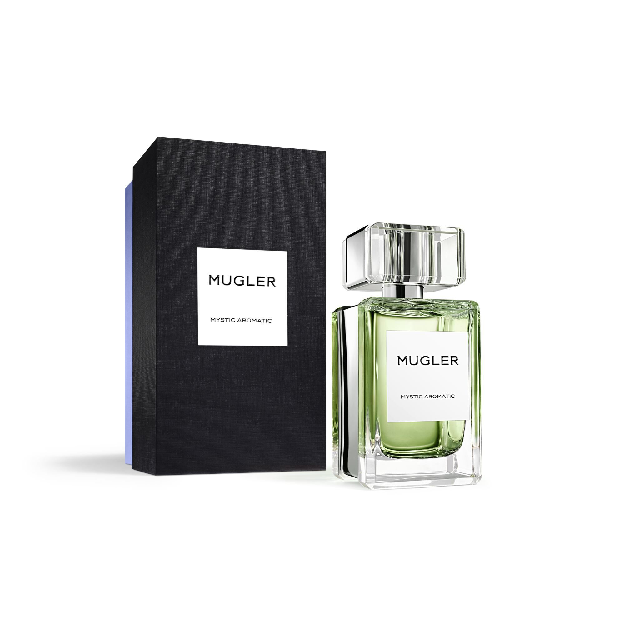 Image of Mugler - Mystic Aromatic - Eau de Parfum - Aromatic Woody Scent bottle with outer box placed adjacent to it
