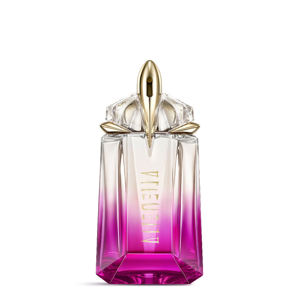 Mugler Alien Pulp Eau de Parfum, clear glass bottle with a vibrant pink-to-clear gradient, gold cap, standing upright.