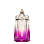 Mugler Alien Pulp Eau de Parfum, clear glass bottle with a vibrant pink-to-clear gradient, gold cap, standing upright.