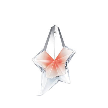 The Mugler Angel Blush star bottle 50 ml, featuring a nude heart and a shimmering silver cap, isolated on a white background.