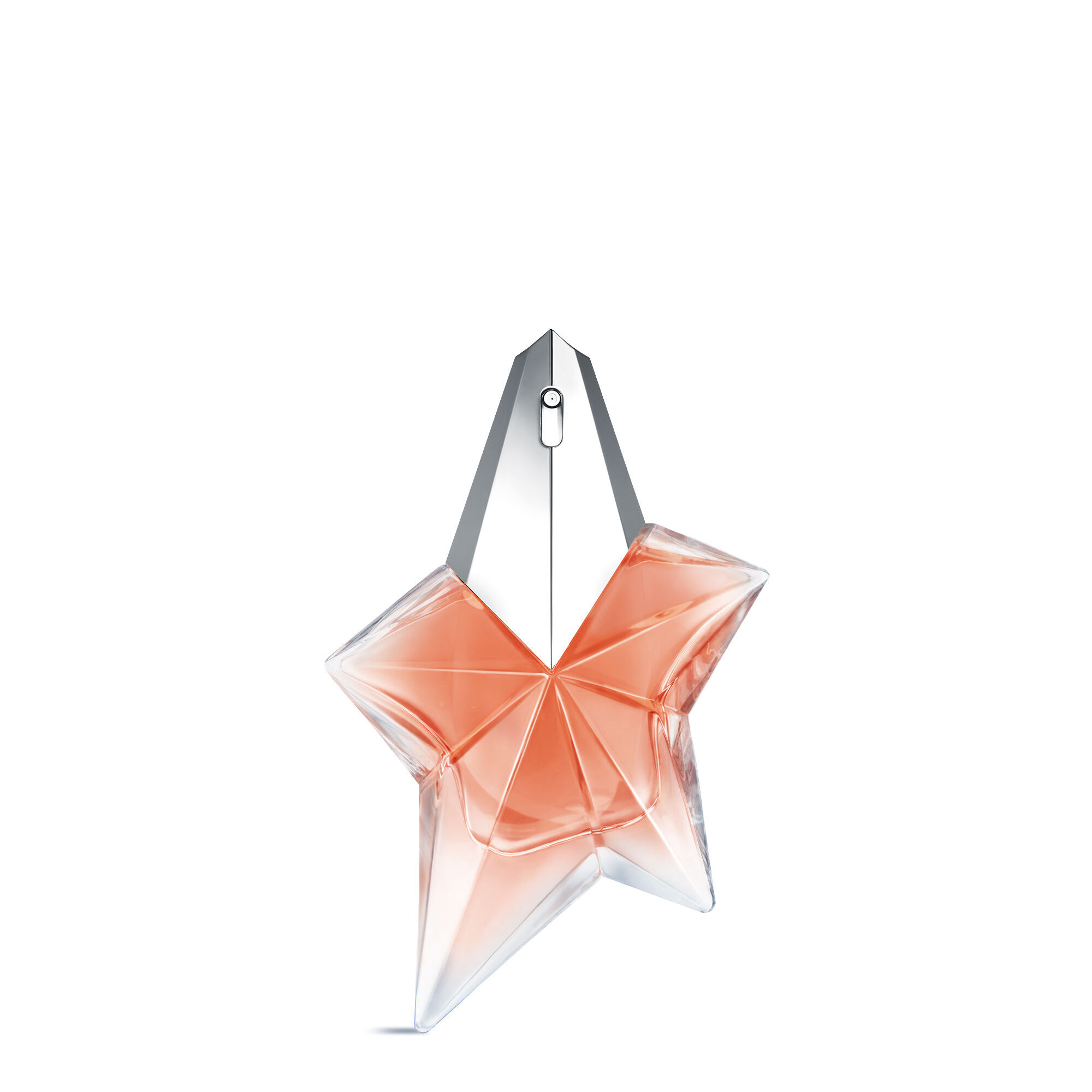 The Mugler Angel Blush star bottle 25 ml, featuring a nude heart and a shimmering silver cap, isolated on a white background.