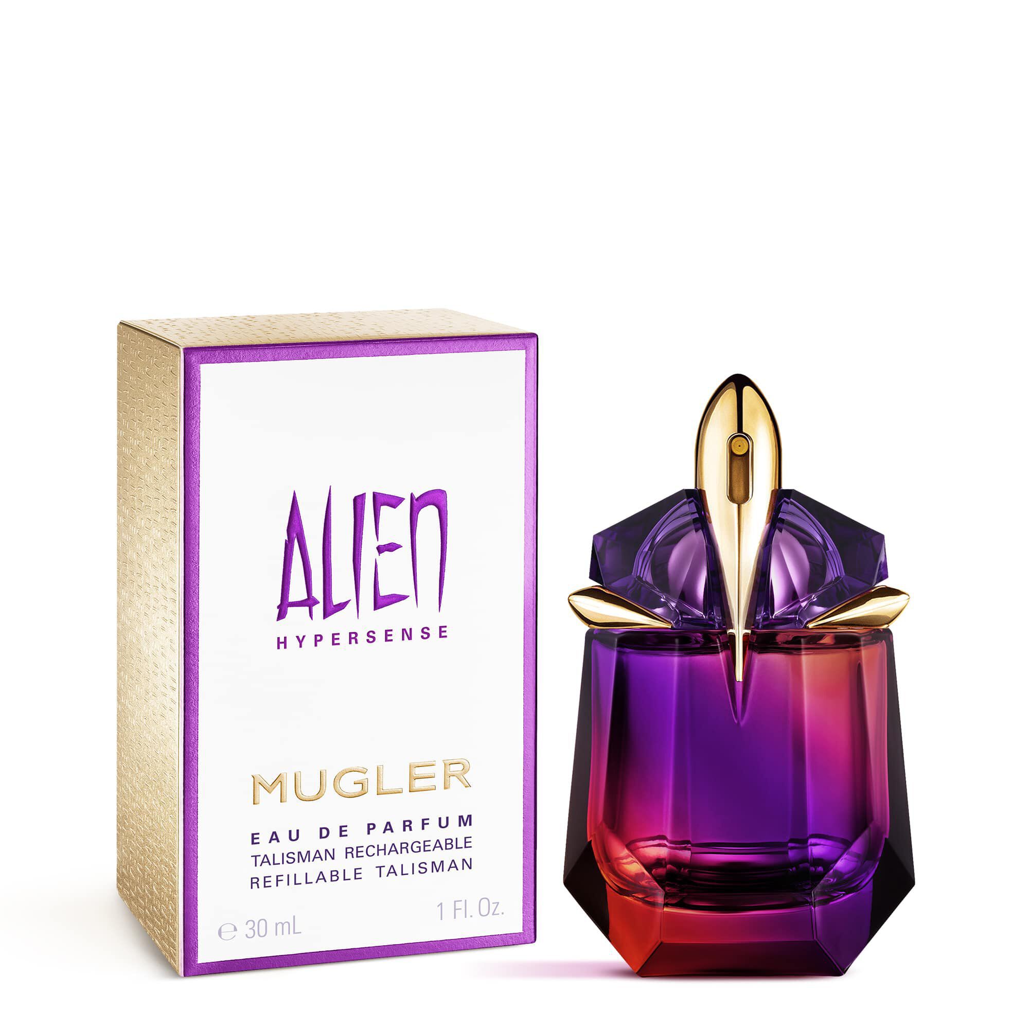 Alien Hypersense perfume bottle beside matching box on white background
