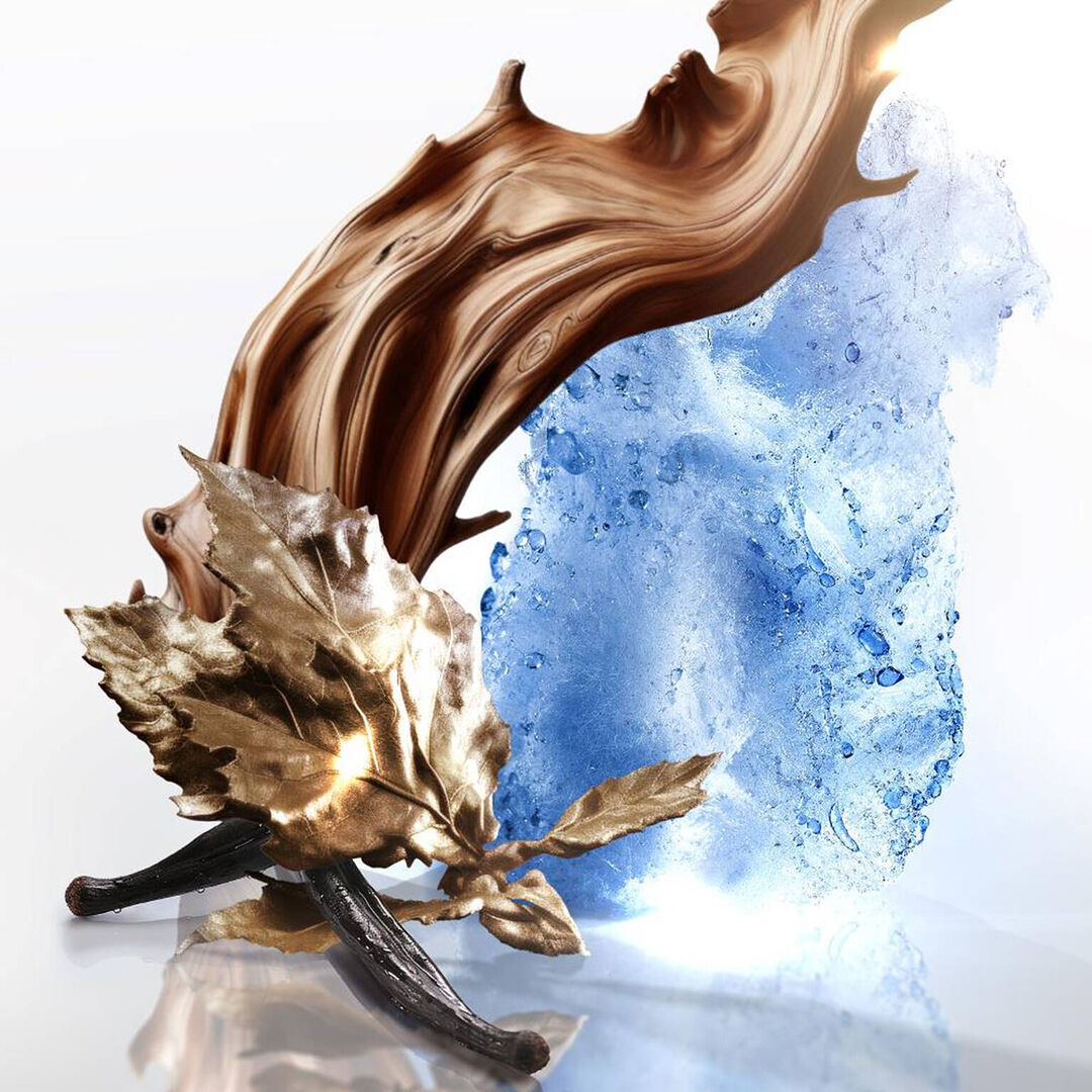 Stylized Mugler Angel visual with blue ice, swirling brown texture, and metallic leaves.