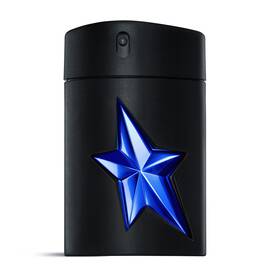 A sleek, matte black A*Men Stellar Eau De Parfum bottle with a prominent luminous blue star design on its front, standing upright against a clean white background