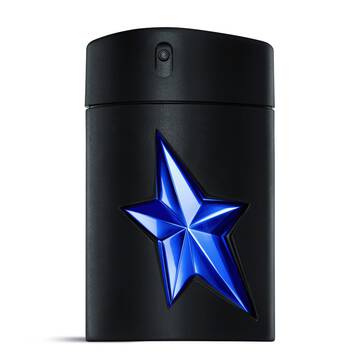 A sleek, matte black A*Men Stellar Eau De Parfum bottle with a prominent luminous blue star design on its front, standing upright against a clean white background