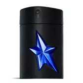 A sleek, matte black A*Men Stellar Eau De Parfum bottle with a prominent luminous blue star design on its front, standing upright against a clean white background