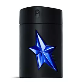 A sleek, matte black A*Men Stellar Eau De Parfum bottle with a prominent luminous blue star design on its front, standing upright against a clean white background