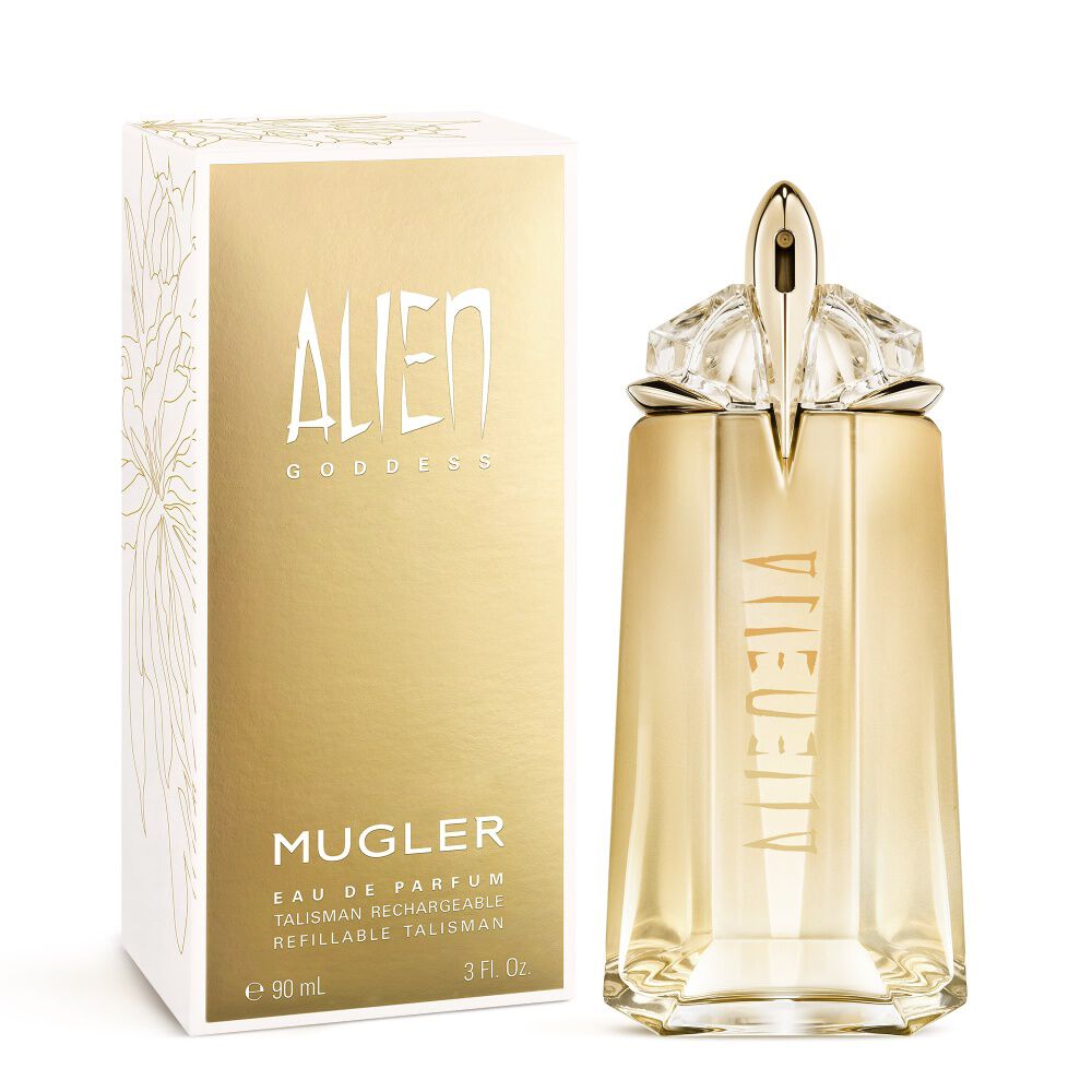 Alien Goddess perfume bottle beside its gold and white box