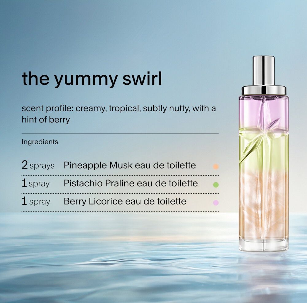 Starlicious ayering recipe the yummy swirl. The recipe includes 2 sprays of Pineapple Musk, 1 sprays of Pistachio Praline, and 1 spray of Berry Licorice.