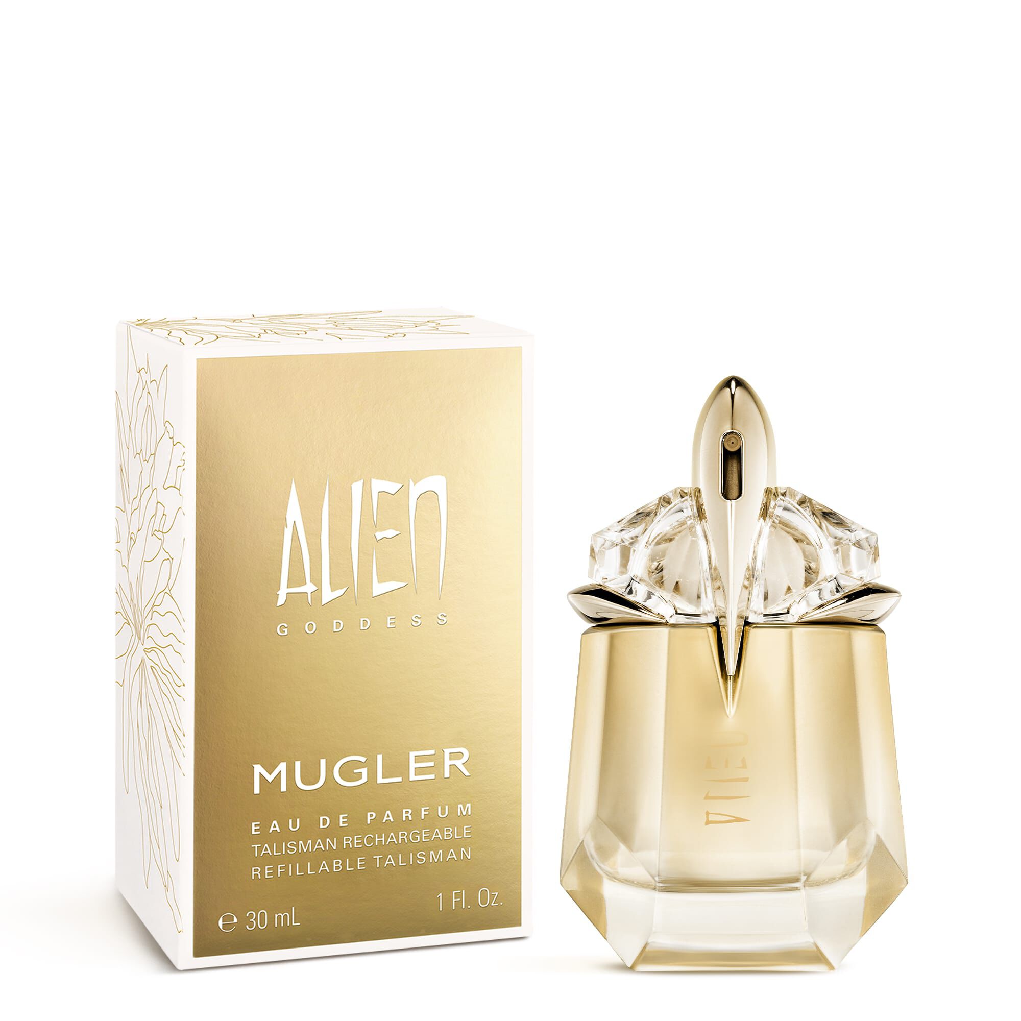 Alien Goddess perfume bottle beside its gold and white box