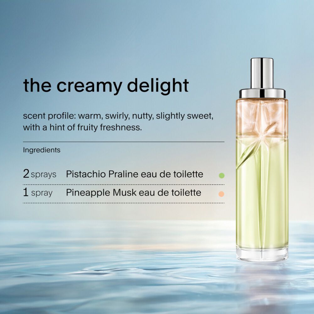 The creamy delight starlicious layering recipe. The recipe calls for 3 sprays of Pistachio Praline and 2 sprays of Pineapple Musk.