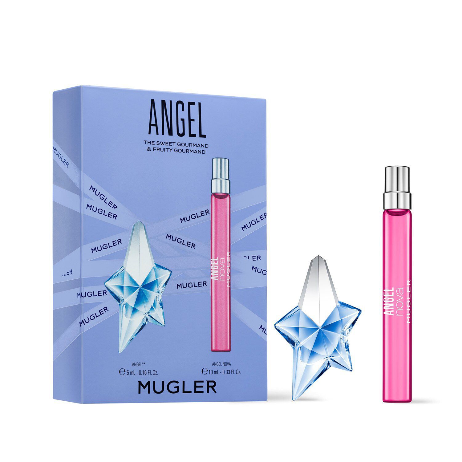 angel eau de parfum 5ml and angel nova 10ml gift set packshot with outerpack