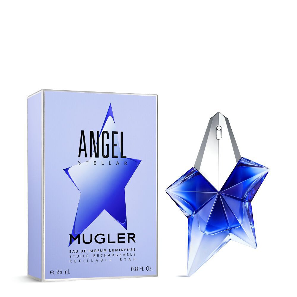 Angel Stellar Eau de Parfum bottle and Angel Stellar Eau De Parfum fragrance box standing side by side on a plain which background. 