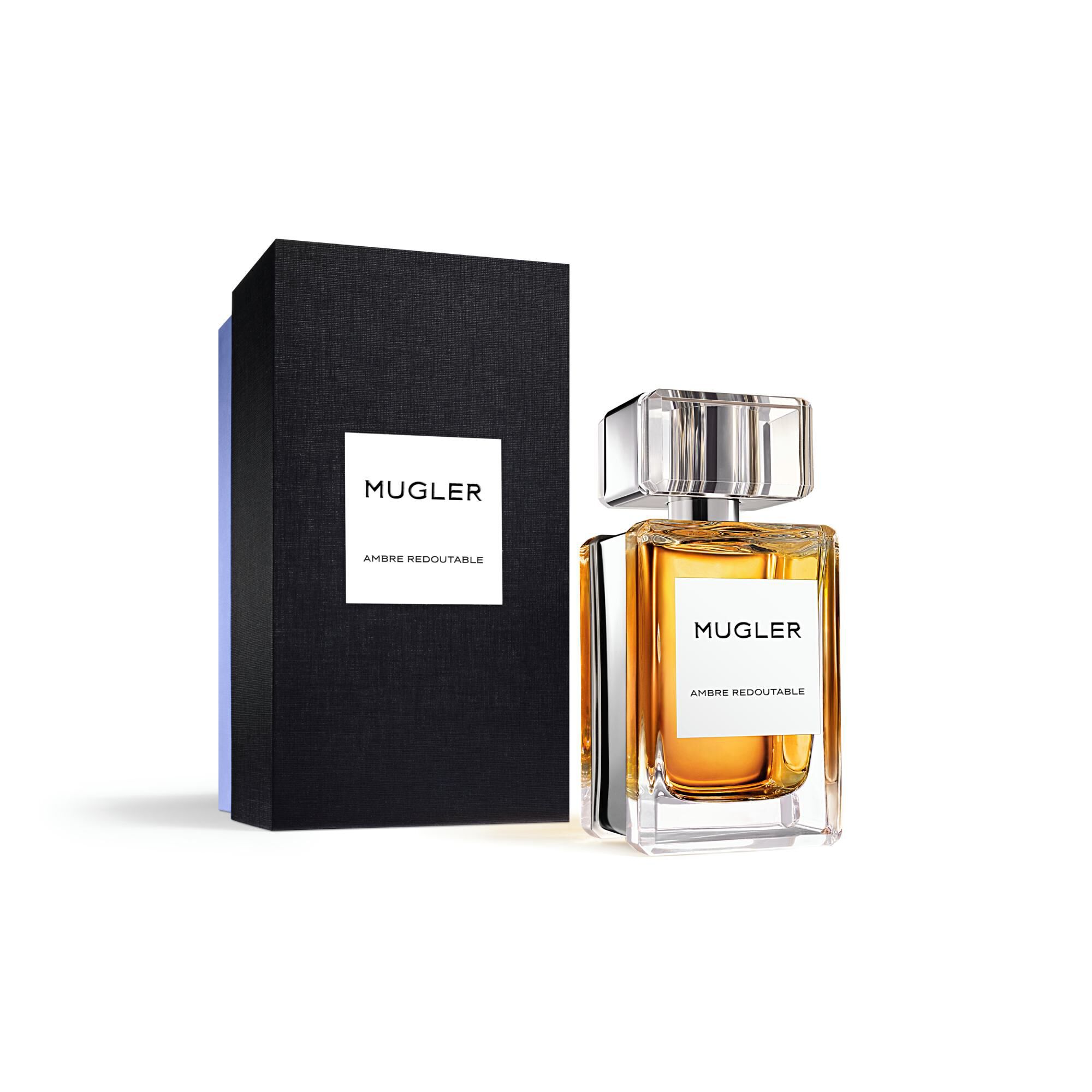 Image of Mugler - Ambre Redoutable - Eau de Parfum - Ambery Floral Scent with outer box placed adjacent to it