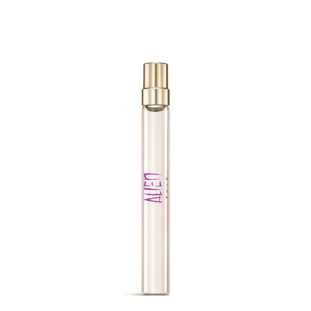 Mugler Alien Pulp Eau de Parfum, clear glass bottle with a vibrant pink-to-clear gradient, gold cap, standing upright.