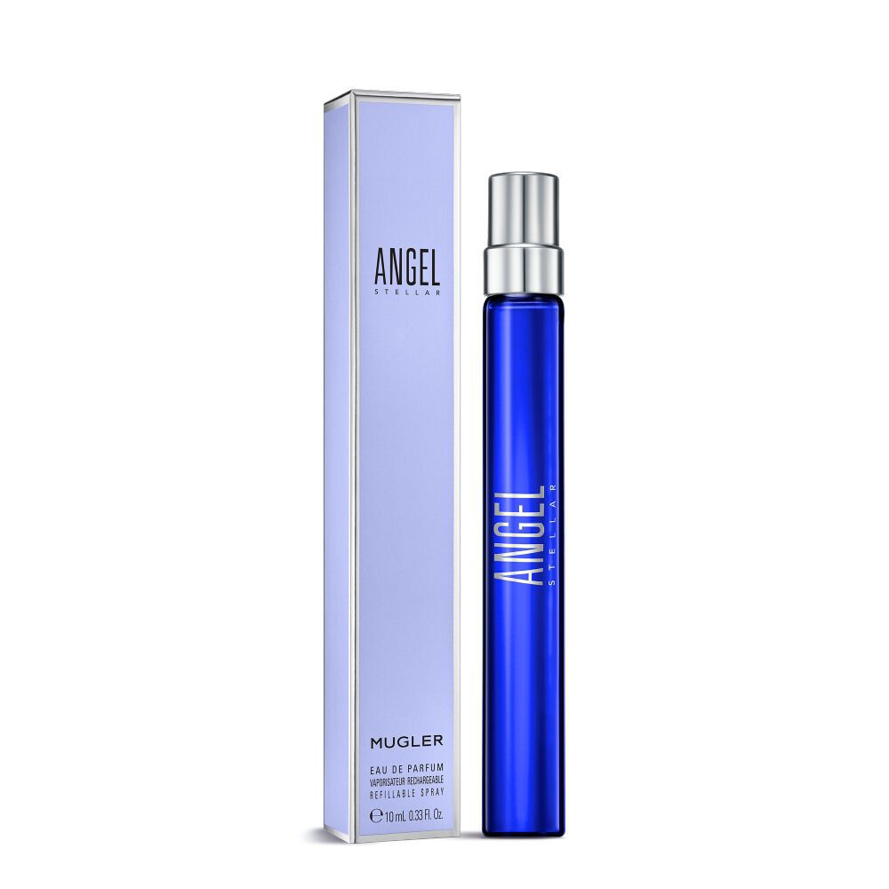Angel Stellar Eau de Parfum bottle and Angel Stellar Eau De Parfum fragrance box standing side by side on a plain which background. 