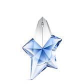 Blue star-shaped Angel Mugler perfume bottle with silver cap on a light gray background