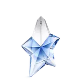 Blue star-shaped Angel Mugler perfume bottle with silver cap on a light gray background