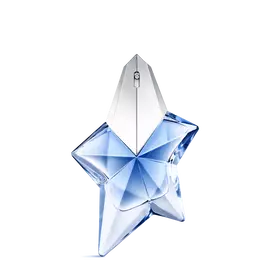 Blue star-shaped Angel Mugler perfume bottle with silver cap on a light gray background