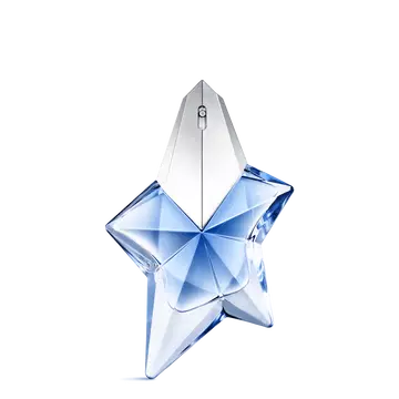 Blue star-shaped Angel Mugler perfume bottle with silver cap on a light gray background