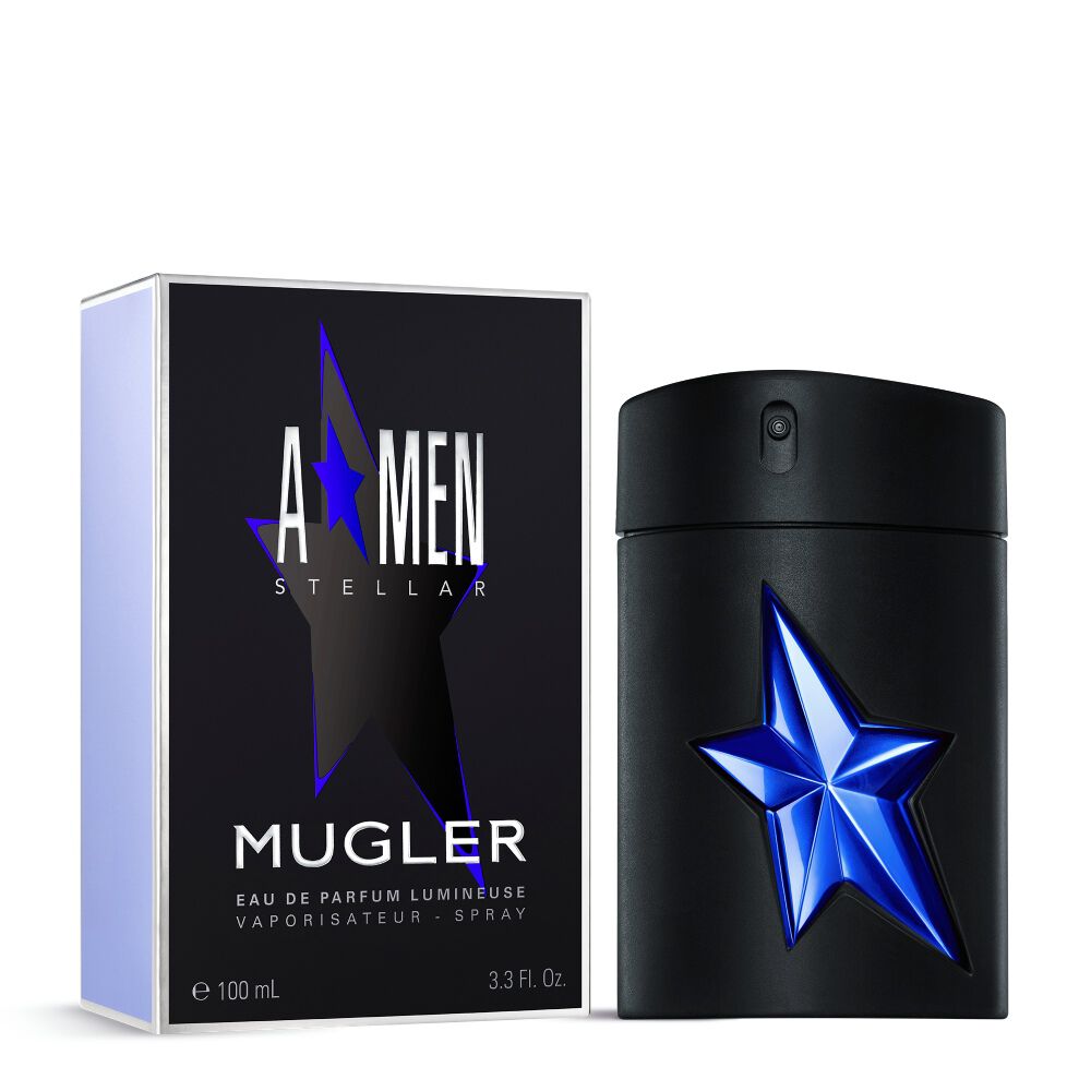 An A*Men Stellar Eau de Parfum box is displayed alongside an A*Men Stellar Eau de Parfum bottle, showcasing both the product and its packaging.