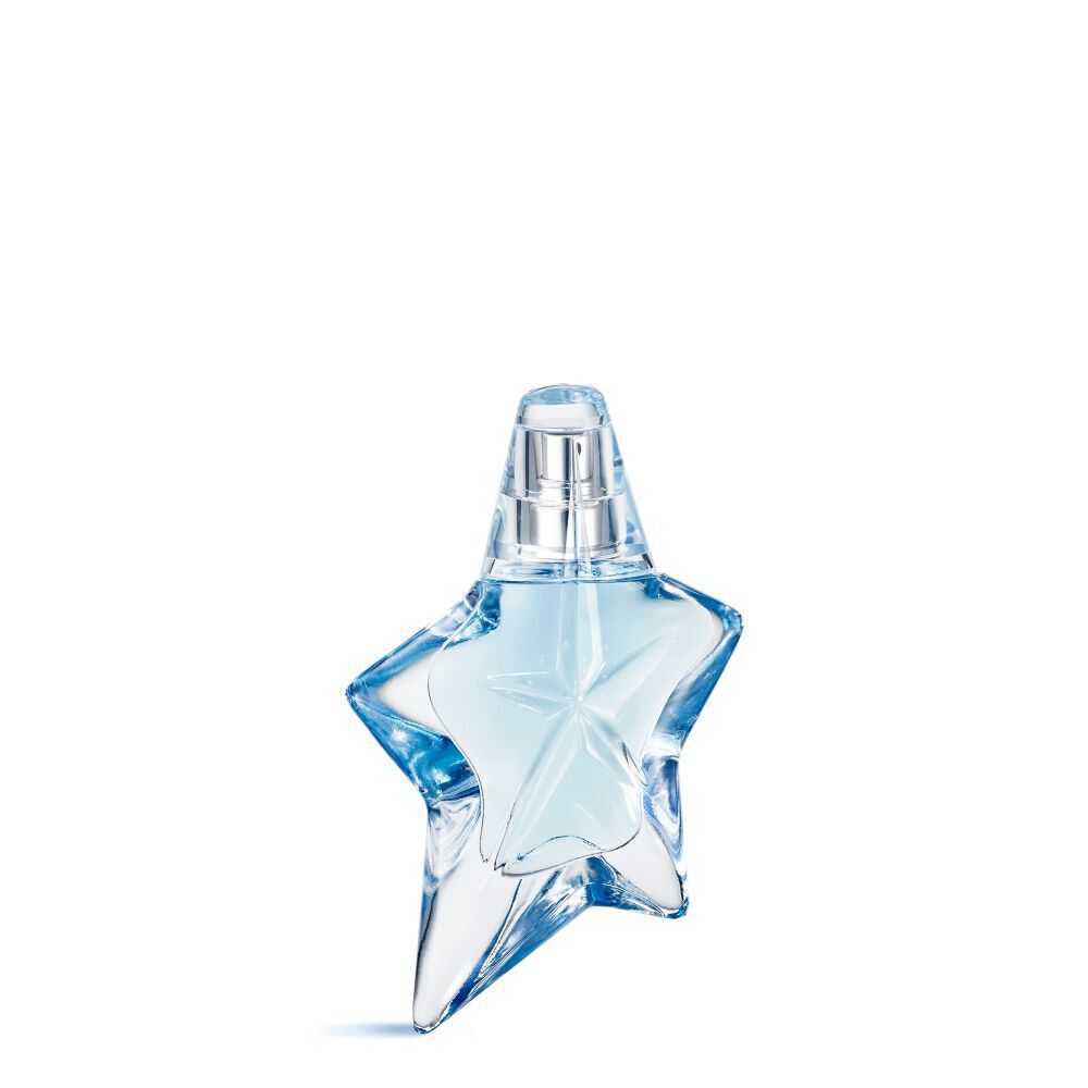 Blue star-shaped Angel Mugler perfume bottle with silver cap on a light gray background