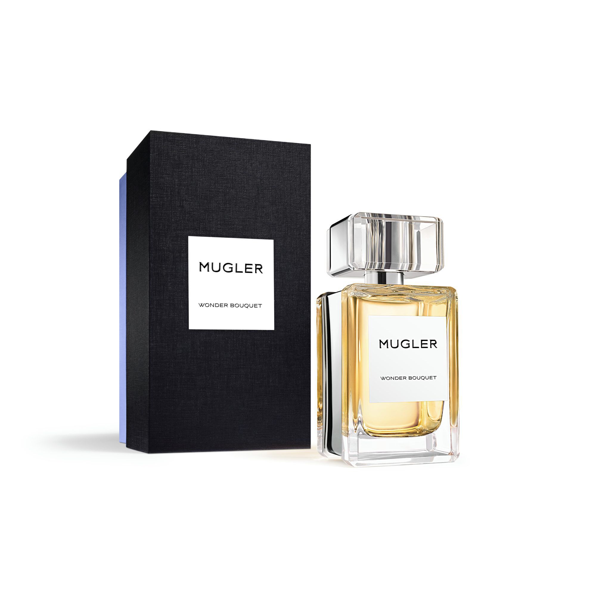 Image of Mugler - Wonder Bouquet - Eau de Parfum - Floral Gourmand Scent bottle with outer box placed adjacent to it