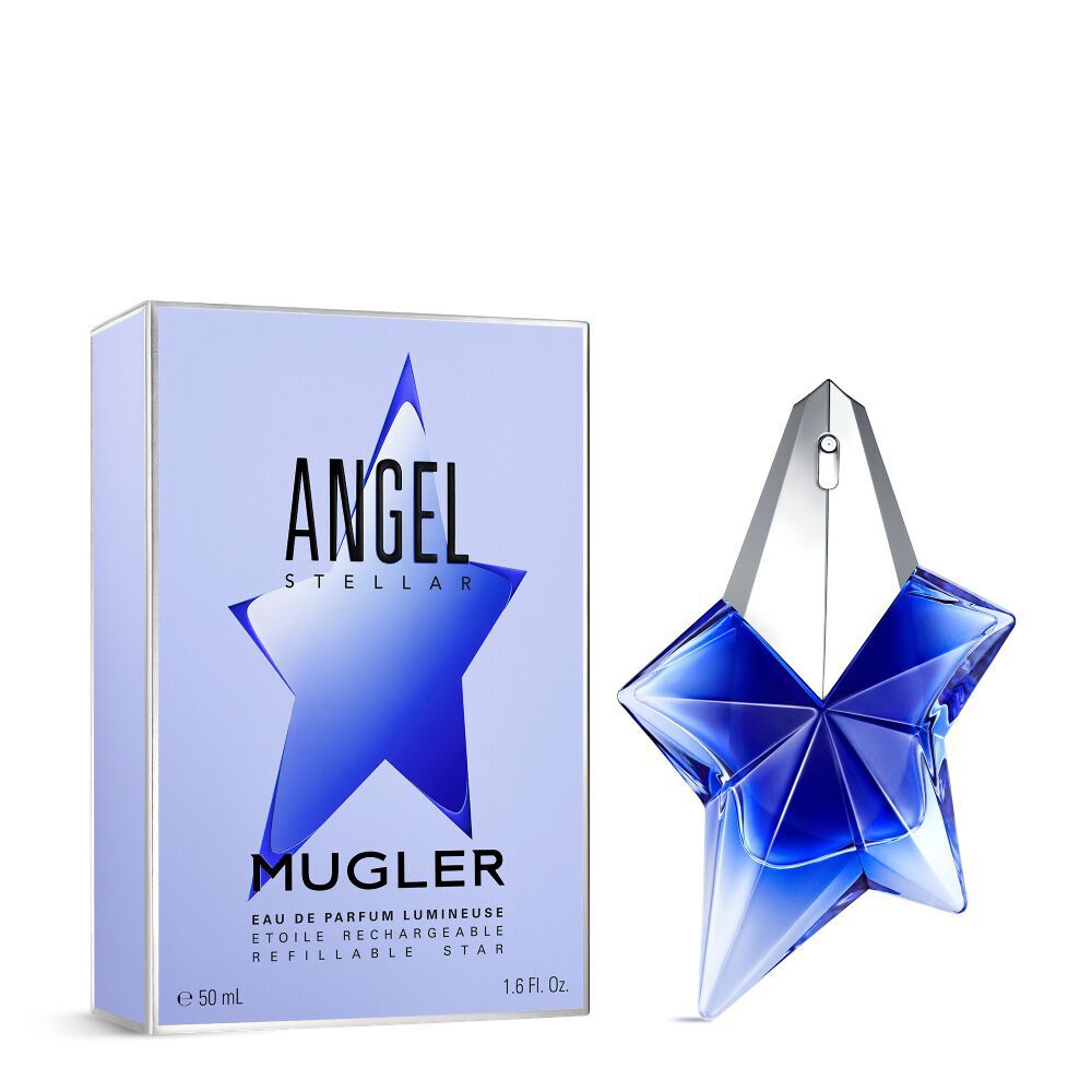 Angel Stellar Eau de Parfum bottle and Angel Stellar Eau De Parfum fragrance box standing side by side on a plain which background. 