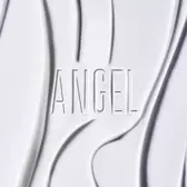 Embossed Angel logo on a white textured background.