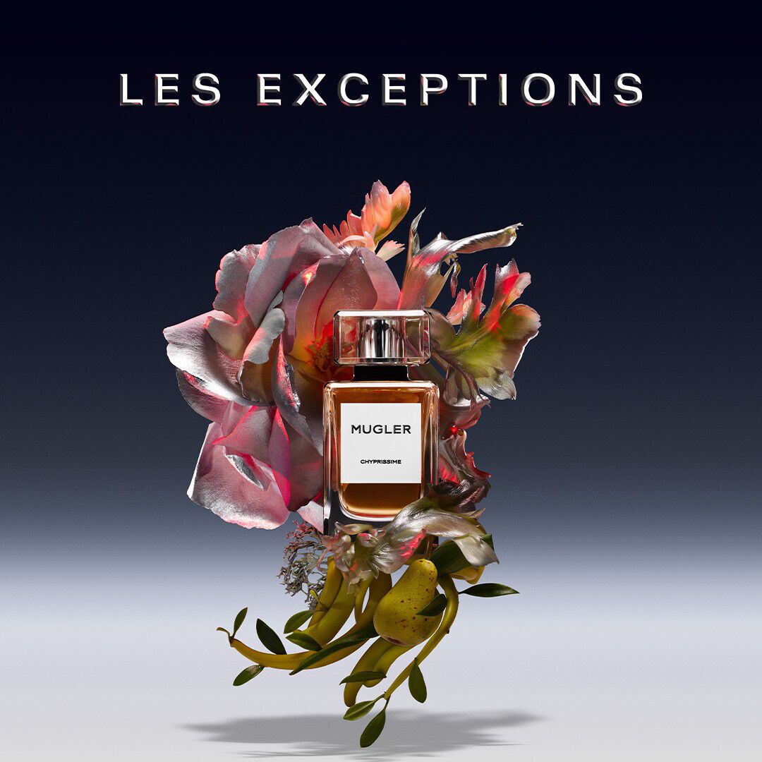Abstract ingredient visual of Mugler Chyprissime - Eau de Parfum – Floral fruity chypre scent, highlighting key ingredients of Damascena Rose, Pear Accord, Mineral Moss, Patchouli Fraction. 