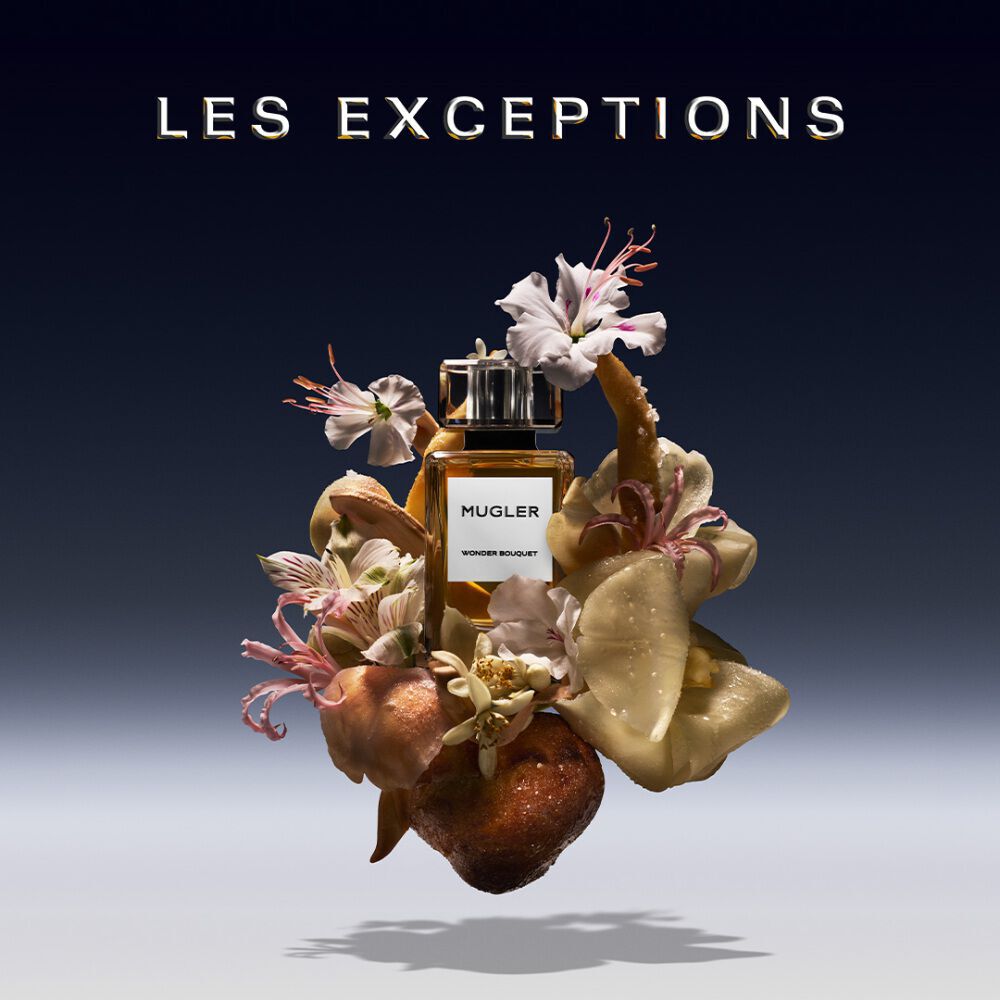 Abstract ingredient visual of Mugler - Wonder Bouquet - Eau de Parfum - Floral Gourmand Scent highlighting key ingredients of Wheat Bran Absolute, White Flower Bouquet (Jasmine Sambac, Orange Blossom), Brioche Accord, Vanilla Accord.
