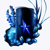 An A*Men Stellar Eau de Parfum bottle stands surrounded by blue elements resembling pistachio, woody accords and lavendin set against a bright white background.