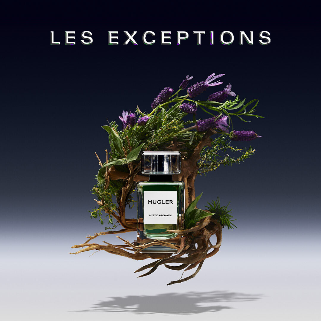 Abstract ingredient visual of Mugler - Mystic Aromatic - Eau de Parfum - Aromatic Woody Scentt highlighting key ingredients of Aromatic Concentrate (Sage, Thyme, Fig Leaves Accord, Lavender), Peru Balsam. 