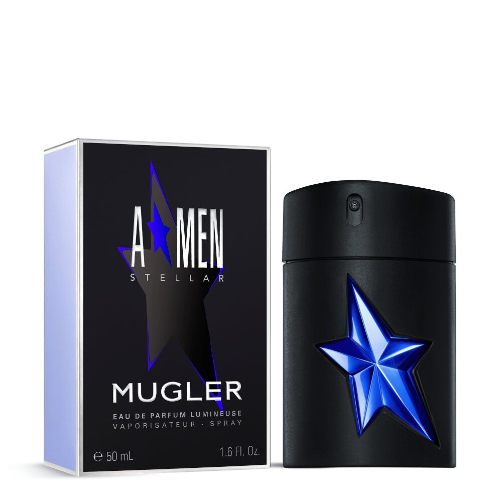 An A*Men Stellar Eau de Parfum box is displayed alongside an A*Men Stellar Eau de Parfum bottle, showcasing both the product and its packaging.