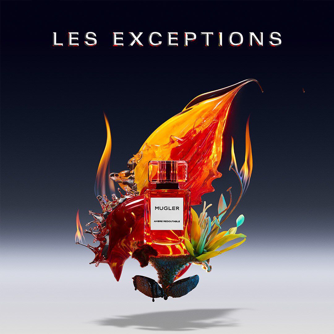 Abstract ingredient visual of Mugler - Ambre Redoutable - Eau de Parfum - Ambery Floral Scent highlighting key ingredients of Amber Accord, Gentian Root Extract, Labdanum Resinoid.