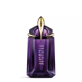 Mugler Alien purple perfume bottle on light gray background