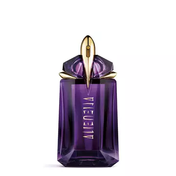 Mugler Alien purple perfume bottle on light gray background
