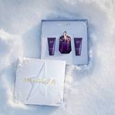 An open, textured ice-blue glistening Mugler gift set resting on snow, revealing an alien eau de parfum 30ml gift set