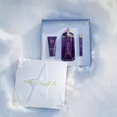 An open, textured ice-blue glistening Mugler gift set resting on snow, revealing an alien eau de parfum 90ml gift se