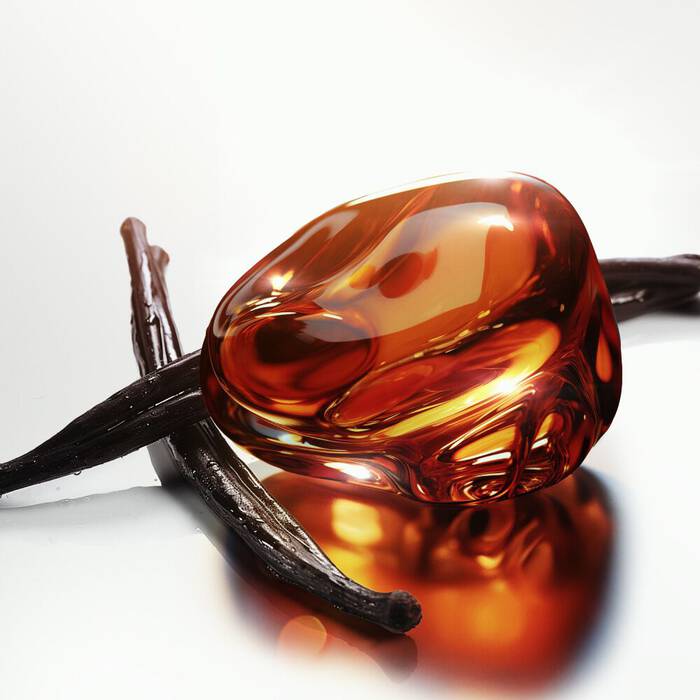 A luminous, irregularly shaped amber-colored gem or resin, reflecting warm tones, resting on two dark vanilla bean pods, all against a bright, reflective white background.