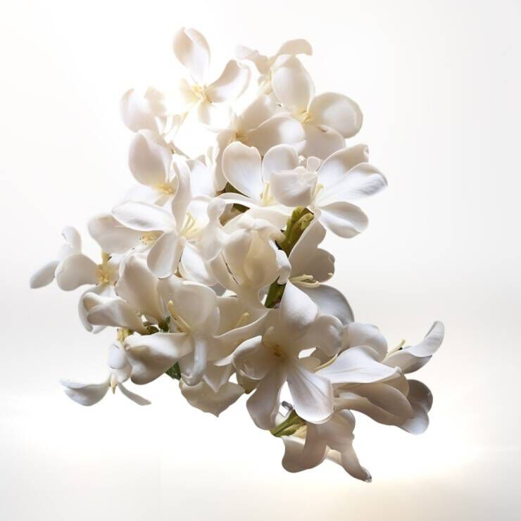 A delicate arrangement of white flowers arranged against a soft, light background, creating an elegant and serene visual effect.