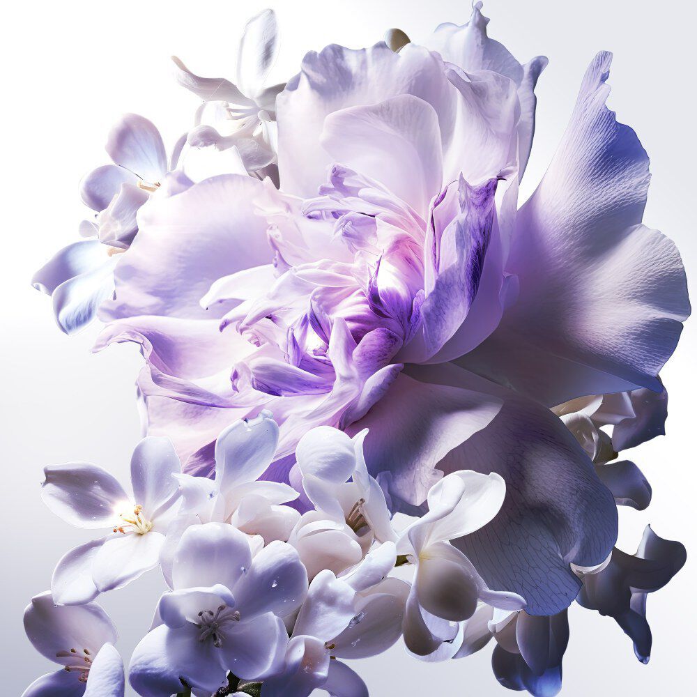 Purple and white flowers against a white background.