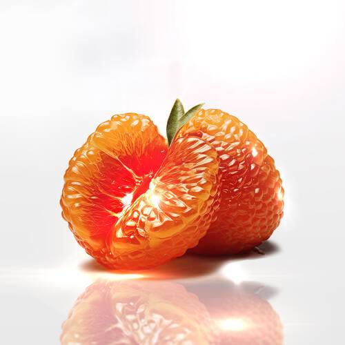 A close-up of two glossy, orange, translucent mandarin halves reflecting light against a soft white background.