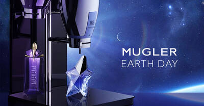 A sleek perfume display featuring a purple bottle and star-shaped fragrance, with a cosmic background, promoting Mugler's Earth Day.